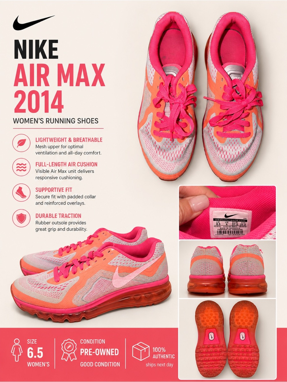 Nike Women's Neon Pink and Coral Athletic Running Shoes